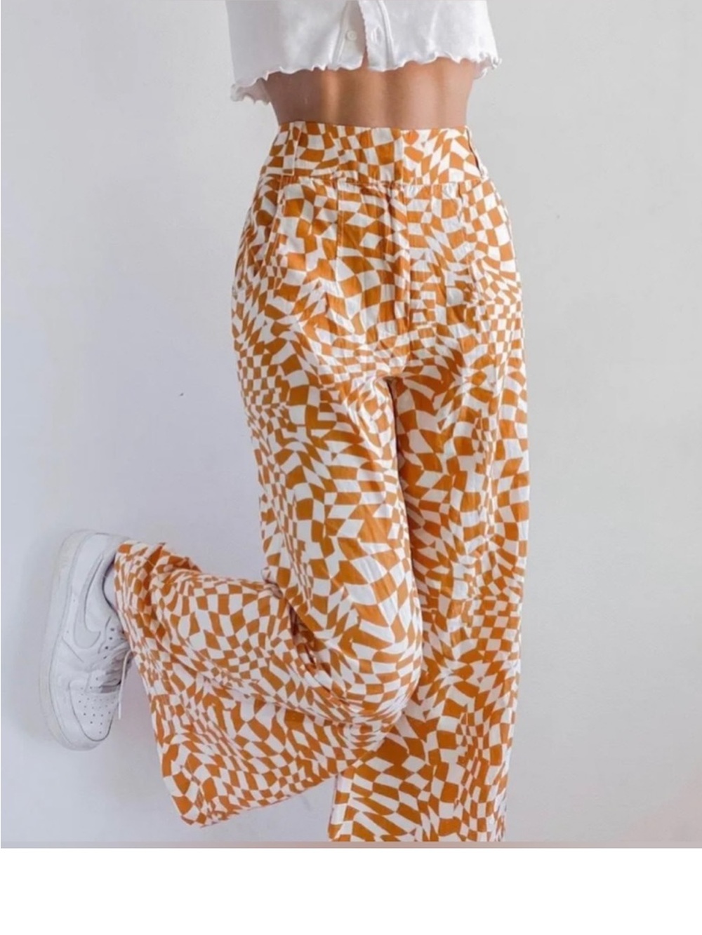 Free People Menorca Mustard Wavy Checkerboard Wide Leg Pants Size 6 Excellent